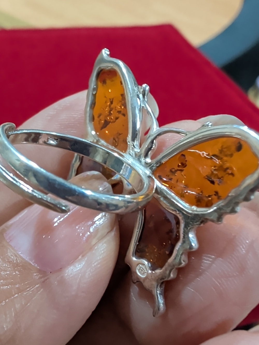 925 Sterling Silver Amber Butterfly Ring Size 8 - Picture 9 of 9